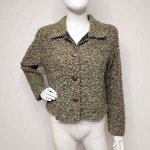 80s 90s Moss Green & Light Brown Fuzzy Textured Tweed Light Weight Blazer Jacket